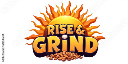 Rise and Grind logo with sun and coffee beans in vibrant colors  