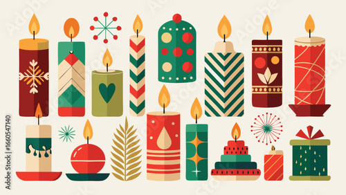 A collection of decorative candles with various designs and colors arranged on a light background scene