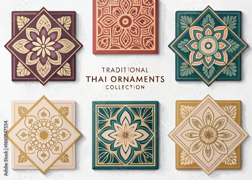 Collection of six decorative thai ornaments with floral patterns and square tile borders in various colors