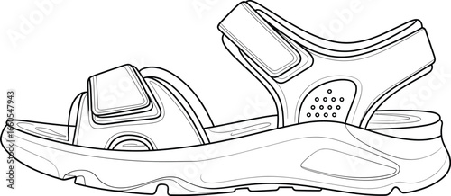 Outdoor sandal, ergonomic design, adjustable straps, padded heel, breathable footwear, hiking sandal, durable sole, casual wear, summer shoe, adventure gear