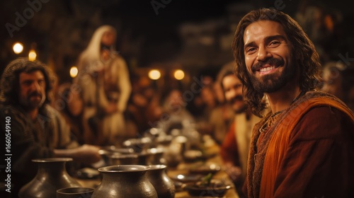 Wallpaper Mural At the Wedding at Cana, servants pour water into stone jars as Jesus watches quietly, capturing the moment of transformation, faith, and the miracle of abundance and celebration. Torontodigital.ca