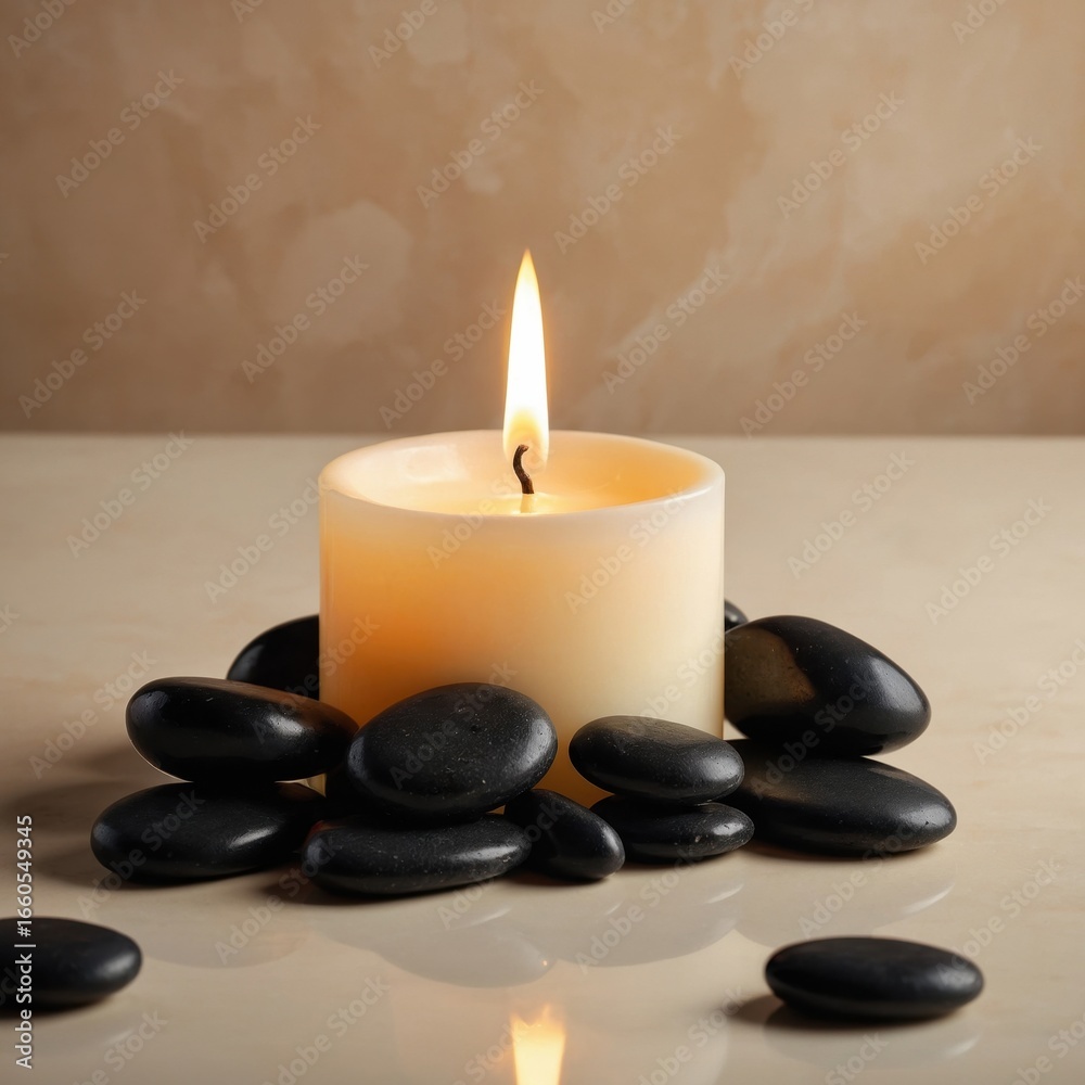 Obraz premium Massage stones and candle on a cream background, symbolizing calm, wellness, and relaxation in spa concepts.