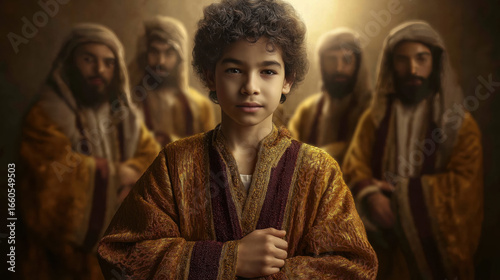 Young Joseph stands proudly in a richly colored robe, radiating confidence, purpose, and the hopeful spirit of a visionary destined for greatness..