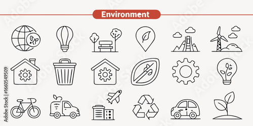 Collection of 40 minimalist line icons for environmental themes