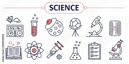 Collection of 40 minimalist line icons representing scientific concepts and research