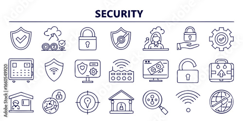 Set of 40 minimal line icons for security and technology
