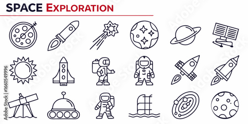 Collection of 40 minimal line icons celebrating space exploration and astronomy