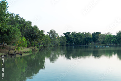 A calm peaceful lakeside view forest park with green grass and trees  with a pond reflecting like mirror the daytime soft sky with fluffy clouds .
