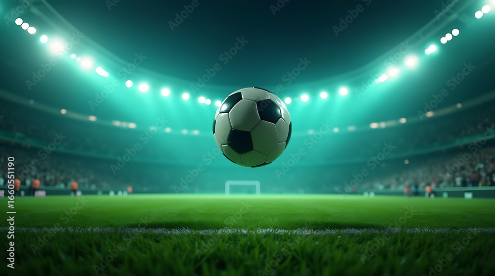 Naklejka premium A soccer ball suspended in the air above a vibrant green soccer field in a brightly lit stadium with spectators
