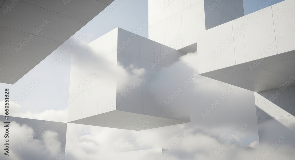 Obraz premium Architectural Abstraction: Clean, minimalist forms interact with airy clouds, presenting a study in contrasting elements and captivating composition.