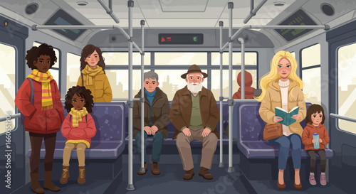 Diverse Passengers Riding a City Bus in Autumn.