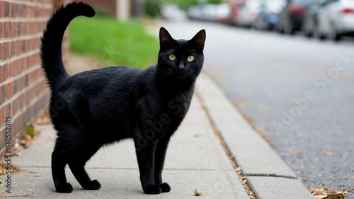 A black cat stands on the sidewalk