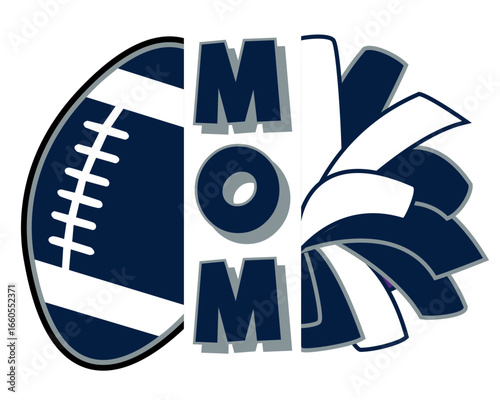 Cheer Mom illustration. Dark Blue and Grey Pom-poms, a Football. Vector cheerleading illustration.