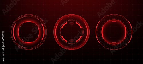 Red hud vector graphics elements on black background. Futuristic interface display concept. Technology backdrop for virtual reality.
