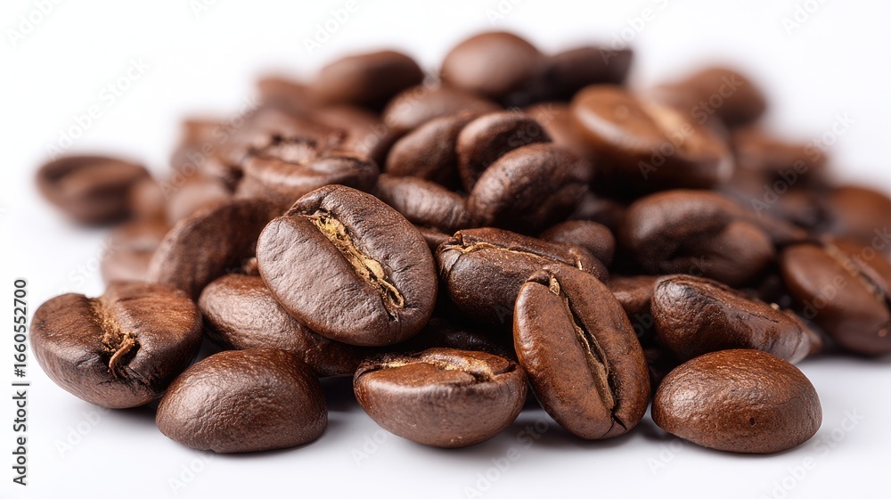 Naklejka premium Close Up Of Roasted Coffee Beans On A White Background