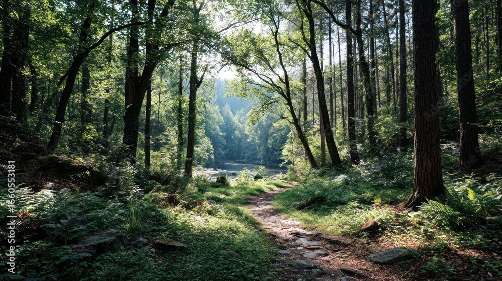 Obraz premium Sunlight path through a lush forest