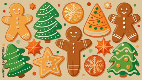 Illustration of christmas gingerbread cookies including men trees stars and circles on beige background