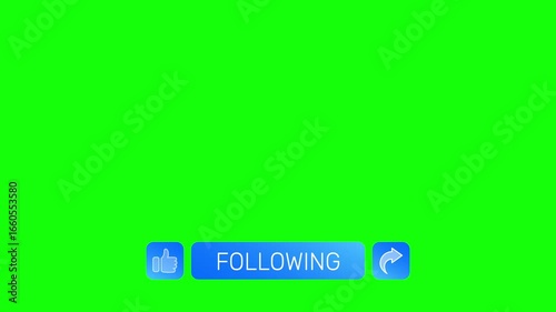 Blue gradient buttons for like, follow us, and share slide upward. Finger cursor clicks each one, changing text to following. 4K horizontal loop animation on green screen.