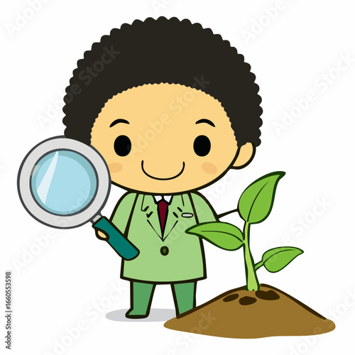  Insatiably curious microbiologist Luca cartoon icon with oversized head examining soil for innovative science and ADHD inspiration