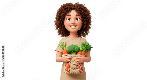 A girl holding a bag of fresh vegetables.