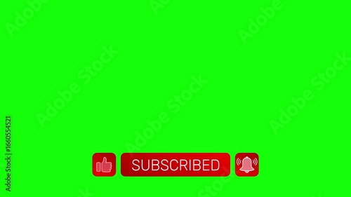Red gradient buttons for like, subscribe, and notifications rise upward. Finger cursor clicks each icon, switching text to subscribed. Green screen, 4K loop animation.