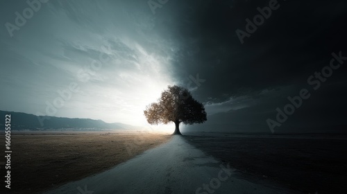 Elegant photo of duality of life, light and darkness, hope and despair concept featuring a solitary tree standing on a path separating contrasting landscapes offering a.