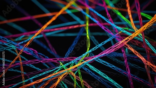 Science Macro of Nylon Fibers Forming Luminous Neon Web Across Dark Background