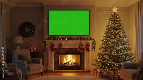 A warmly lit living room featuring a burning fireplace, a green screen television above the mantel, a decorated Christmas tree with ornaments, and wrapped presents on the floor, creating a festive hol