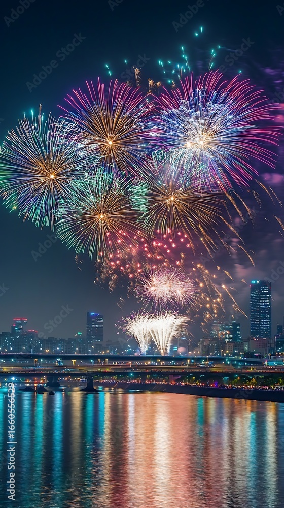 Fototapeta premium Vibrant Fireworks Display Over City Skyline and River at Night image photo