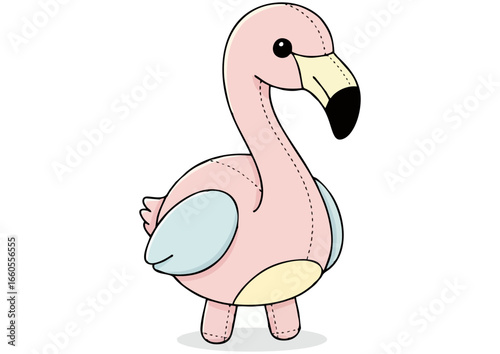 Cartoon flamingo character standing gracefully on one leg on a white background with copy space