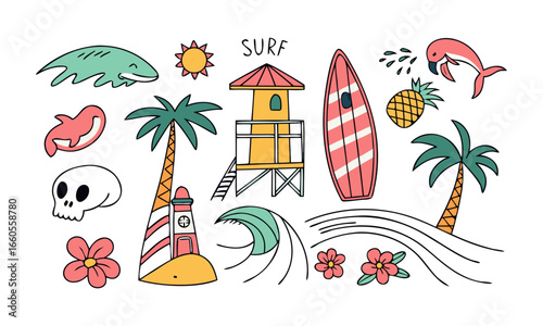 Colorful Retro Surfing and Beach Vector Illustration Set, lifeguard tower on the beach, surfboards, ocean waves, shark, skull with lighthouse, palm trees, flowers, flamingo, easily editable.