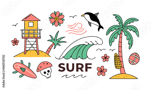 Colorful Retro Surfing and Beach Vector Illustration Set, lifeguard tower on the beach, surfboards, ocean waves, shark, skull with lighthouse, palm trees, flowers, flamingo, easily editable.