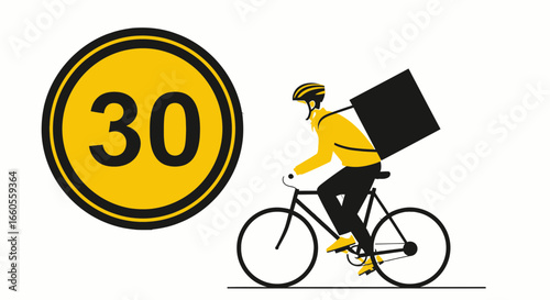 30 Minutes Delivery Assurance by Cyclist With Delivery Box In Yellow Uniform