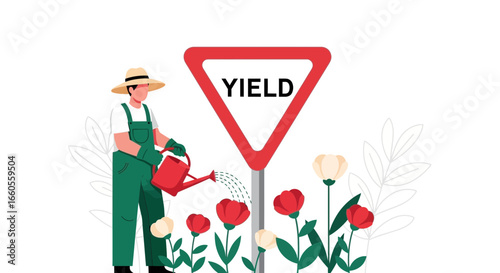 A gardener watering flowers growing around a yield sign indicating a bountiful harvest