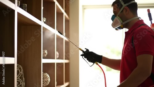 Pest Control Specialist Spraying Insecticide in Home Interior, Exterminator Wearing Protective Gear