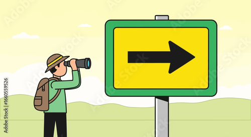 A Hiker With Binoculars Looking At Directional Sign Suggesting Future Goals