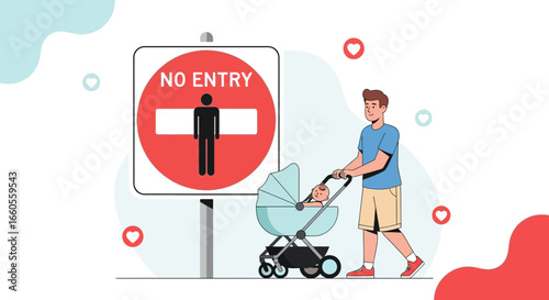 A humorous illustration of a dad with a baby stroller ignoring a 'No Entry' sign