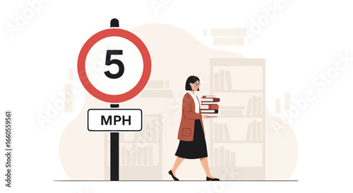 A Librarian Walks Slowly Past a Speed Limit Sign Carrying Books