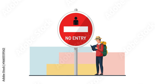 A Lost Tourist Confused by a No Entry Sign on a Road Trip Adventure