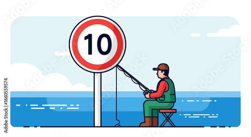 A man fishing with a fishing rod near a number 10 sign in a serene outdoor setting