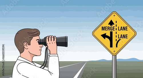 A man uses binoculars to survey a merge lane road sign on the horizon ahead as a warning on the road ahead