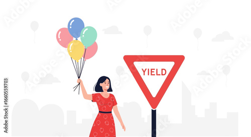 A woman holding balloons next to a yield sign representing life choices and decisions