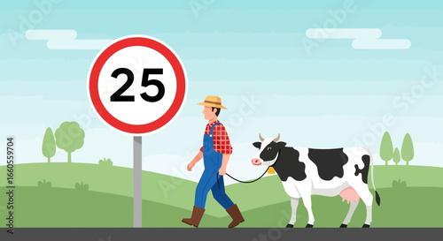 A whimsical illustration featuring a farmer walking his cow past a speed limit sign indicating 25 miles per hour