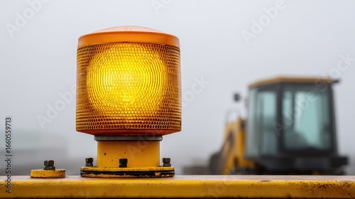Close Up View Of A Bright Orange Rotating Warning Light On Yellow Construction Equipment, With A Blurred Excavator In The Background On A Foggy Day
