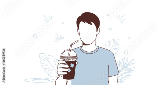 A Young Person With A Coffee Cup, Refreshment And Tropical Illustration
