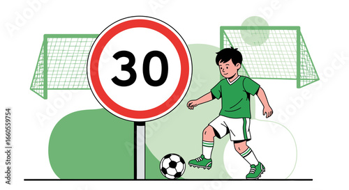 A young soccer player trains near a speed limit sign in a playful illustration that captures the joy of youth sports