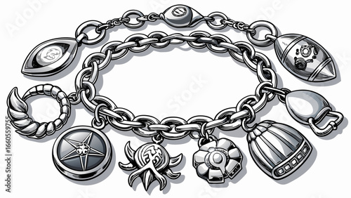 Silver charm bracelet with engraved protective symbols and lobster clasp .white background, 
