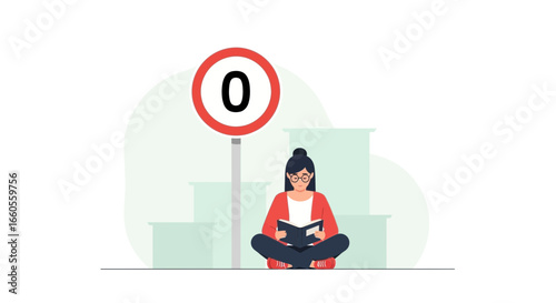 A young woman sits and reads a book near a sign indicating zero percent interest rate