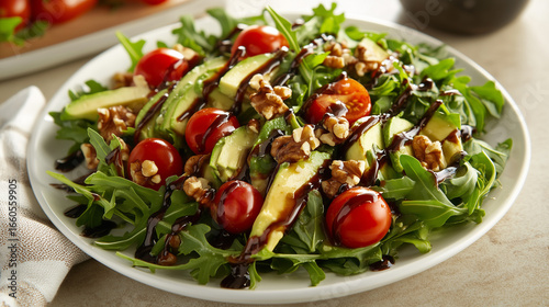 Wallpaper Mural Photograph of an elegant gourmet salad with avocado, arugula, cherry tomatoes, and walnuts, beautifully plated on a white dish. Torontodigital.ca