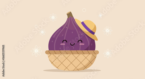 Adorable Smiling Fig Character With Sun Hat In Basket With Floral Details